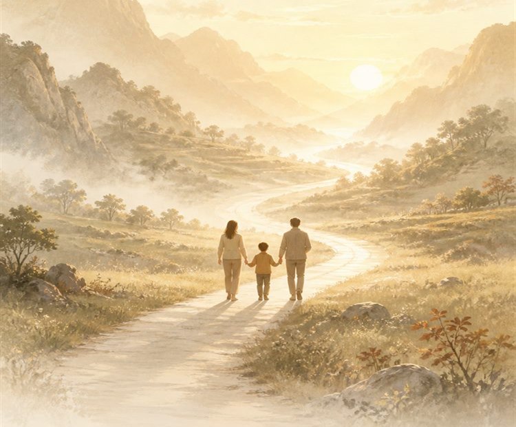 一家人沿山间小路同行的成长主题插画